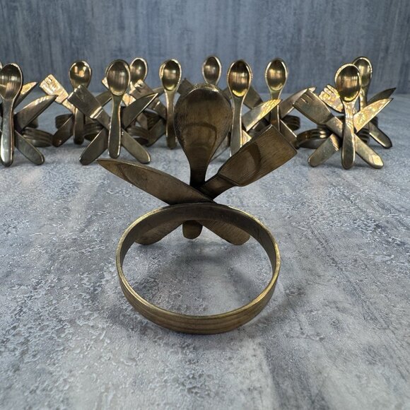 12 Vintage Brass Napkin Rings Fork Knife Spoon Design Table Decor Retro VTG Mcm - Picture 4 of 8